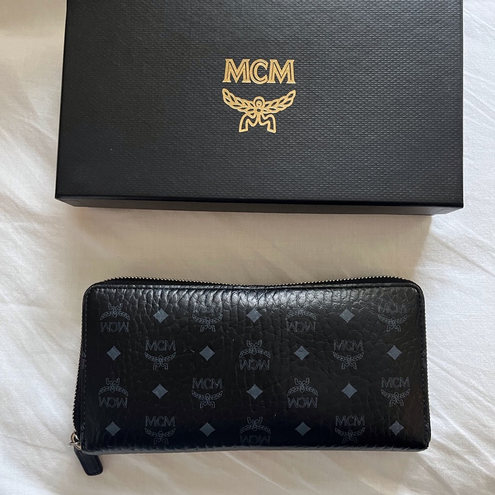 MCM Black and Gray Large Visetos Zip Around Wallet